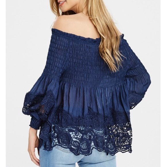 Navy Off Shoulder Smocked Top